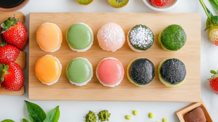 A colorful assortment of daifuku displayed on a wooden board, showcasing different fillings like matcha, strawberry, and mochi, with fresh fruits alongsideの素材