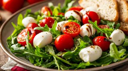 A colorful salad with fresh arugula, cherry tomatoes, mozzarella balls, and a drizzle of balsamic vinaigrette, served on a plate with Italian bread on the side.の素材