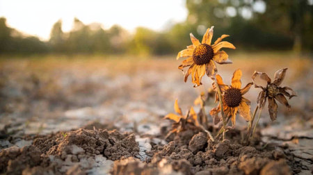 A close-up of wilting flowers and dry soil in a garden, highlighting the effects of heatwaves and drought on agriculture and plant life due to rising temperaturesの素材