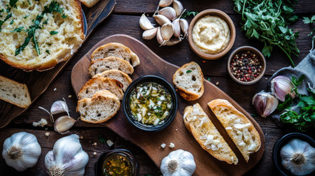 A creative flat lay of garlic-infused dishes, such as garlic bread, roasted garlic, and a garlic sauce, arranged on a wooden table to showcase culinary uses.の素材