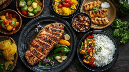 A creative flat lay of a meal featuring a delicious pork steak, grilled fish, and a colorful array of side dishes including sauted vegetables and rice.の素材