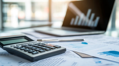 A dynamic shot of a calculator next to a stack of paperwork and a laptop, showing a busy workspace where calculations and financial analysis are taking place.の素材