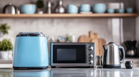 A flat lay of essential home appliances such as a toaster, kettle, and microwave, arranged neatly on a kitchen counter with a clean, minimalistic background.の素材
