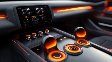 A futuristic D car audio system with glowing speaker cones, integrated seamlessly into the dashboard, set in a modern, luxury car interiorの素材