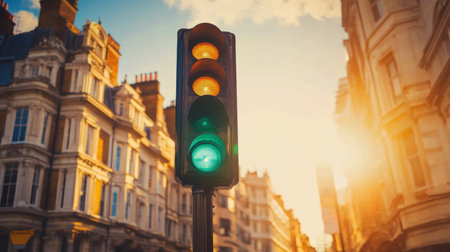 A detailed shot of a traffic light displaying the green signal, with reflections from nearby buildings and the bright sky creating a lively atmosphereの素材