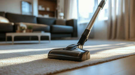 A dynamic shot of a vacuum cleaner in action on a clean floor, highlighting its design and effectiveness in a well-maintained living room.の素材