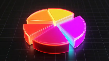 A futuristic D pie chart with floating segments, each glowing with neon lights, set against a dark grid background, representing financial data visualizationの素材