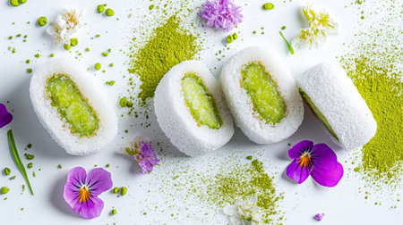 A high-angle view of a sliced daifuku revealing its vibrant filling, surrounded by scattered matcha powder and edible flowers for an elegant touchの素材