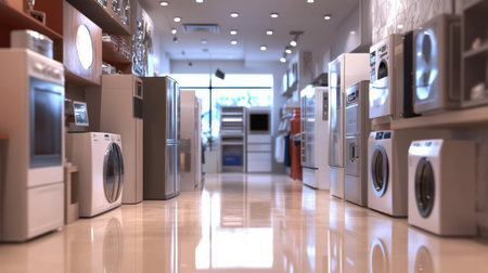 A high-resolution image of a home appliance showroom with various products on display, including air conditioners, microwaves, and refrigerators, emphasizing variety and choice.の素材