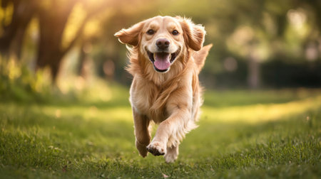 A high-resolution image of a happy dog running towards the camera in a park, with its tongue out and a joyful expression, capturing its playful nature.の素材