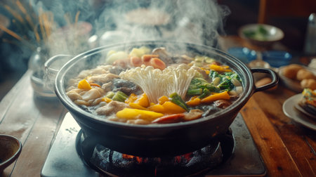 A steaming hot pot filled with colorful vegetables and spices, set on a rustic wooden table, inviting diners to enjoy a cozy and hearty meal together.の素材
