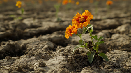 A close-up of wilting flowers and dry soil in a garden, highlighting the effects of heatwaves and drought on agriculture and plant life due to rising temperaturesの素材