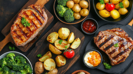 A creative flat lay of a table set with a delicious pork steak, a grilled fish fillet, and a variety of side dishes including baked potatoes and steamed broccoli.の素材
