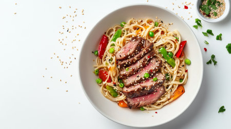 A dynamic shot of a noodle dish with a variety of toppings like sliced meat, vegetables, and a sprinkle of sesame seeds, all set against a clean, white background.の素材