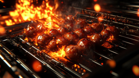 A dynamic shot of sausages sizzling on a barbecue grill, with flames and smoke adding to the mouthwatering appeal of outdoor cooking and summertime gatheringsの素材