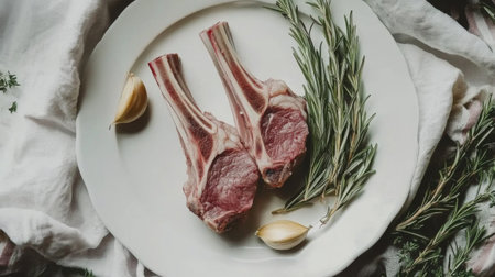 A high-angle shot of raw lamb chops arranged on a clean white plate, with rosemary sprigs and garlic cloves adding a touch of natural decorationの素材