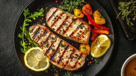 A flat lay of a seafood platter featuring grilled tuna steaks, garnished with lemon wedges, herbs, and a side of vegetables, highlighting a gourmet meal.の素材