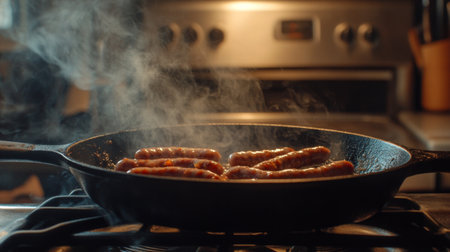 A dramatic shot of sausages being cooked in a cast-iron skillet, with sizzling sounds and smoke creating an inviting atmosphere in a cozy kitchenの素材