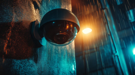 A nighttime shot of a CCTV camera illuminated by streetlights, capturing a sleek urban corner with sharp shadows and clean architectural linesの素材