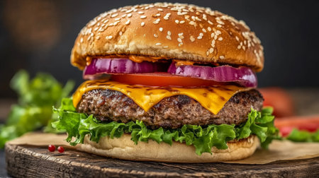 A mouthwatering close-up of a classic cheeseburger stacked high with fresh lettuce, tomato, and melted cheese, served on a rustic wooden boardの素材
