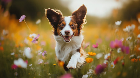 A playful photo of a dog bounding through a field of colorful wildflowers, with its fur and flowers creating a vibrant and cheerful contrast.の素材