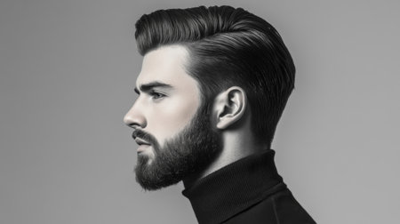 A profile shot of a man with a slicked-back pompadour hairstyle, with his beard neatly trimmed, exuding a classic yet stylish look.の素材