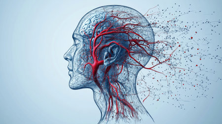 A scientific illustration of the human circulatory system, with detailed arteries and veins, focusing on the flow of blood through the bodyの素材