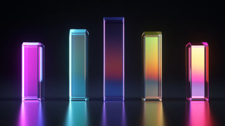 A set of glossy D bars rising dramatically from a financial dashboard, with neon highlights and subtle lighting effects to convey financial growthの素材