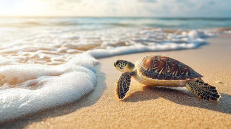 A sea turtle emerging from the ocean and making its way onto a sandy beach, with a backdrop of gentle waves and a clear, sunny sky.の素材