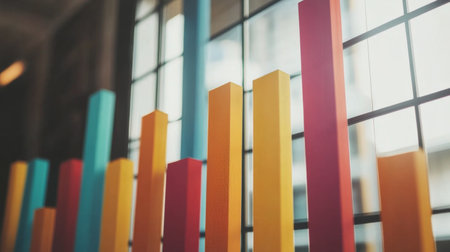 A professional bar chart with bold, colorful bars rising in front of a clean, minimalist grid background, symbolizing financial performance and growthの素材