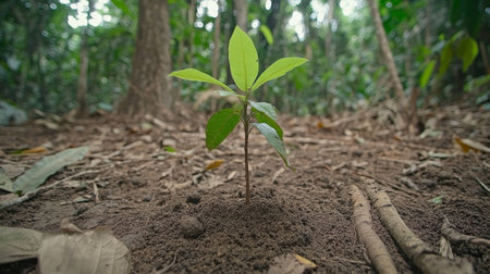 A sapling growing in a small patch of cleared forest floor, surrounded by rich, dark soil and scattered fallen branches, symbolizing new lifeの素材