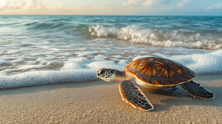 A sea turtle emerging from the ocean and making its way onto a sandy beach, with a backdrop of gentle waves and a clear, sunny sky.の素材