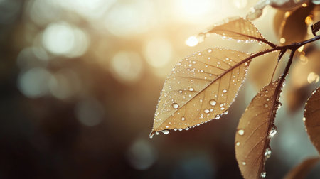A serene image of a dewy leaf on a misty morning, with the droplets reflecting soft, diffused light and adding a touch of tranquility to the scene.の素材