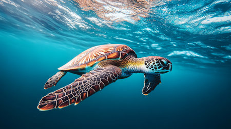 A serene image of a sea turtle floating near the surface of the water, with its flippers extended and the surrounding ocean creating a tranquil atmosphere.の素材