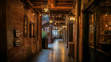 A rustic hallway showcasing exposed brick walls, wooden beams, and charming decorative elements like lanterns and vintage signs, evoking a warm, homey feelの素材