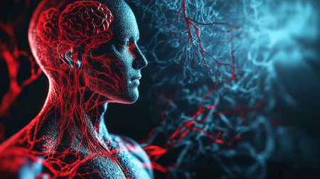 A scientific illustration of the human circulatory system, with detailed arteries and veins, focusing on the flow of blood through the bodyの素材