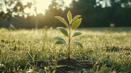 A serene image of a freshly planted sapling in a peaceful meadow, with dew-covered grass and soft morning light illuminating the sceneの素材