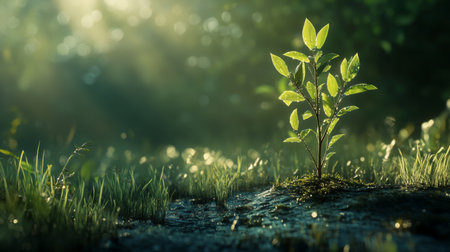 A serene image of a freshly planted sapling in a peaceful meadow, with dew-covered grass and soft morning light illuminating the sceneの素材