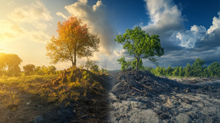 A stark contrast between a vibrant forest and an area devastated by logging, emphasizing the impact of human activity on natural ecosystems and global warmingの素材