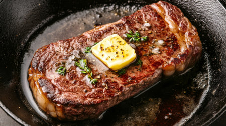 A top-down view of a sizzling steak on a cast iron skillet, with melted butter and herbs surrounding the perfectly seared meatの素材