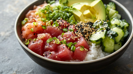 A dynamic shot of a vibrant tuna poke bowl, featuring chunks of tuna, avocado, cucumber, and rice, arranged artfully in a colorful and appetizing presentation.の素材