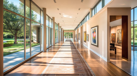A spacious modern hallway featuring sleek design elements, large windows allowing natural light to flood in, and a stylish rug adding a pop of colorの素材