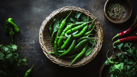 A serene image of fresh green chilies resting in a woven basket, surrounded by spices and aromatic herbs, capturing the essence of traditional cookingの素材