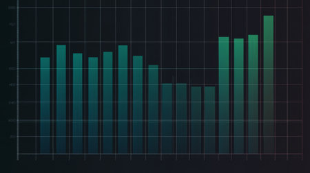 A row of vertical bars in a gradient from blue to green, symbolizing financial performance over time, with a subtle grid background for a professional lookの素材