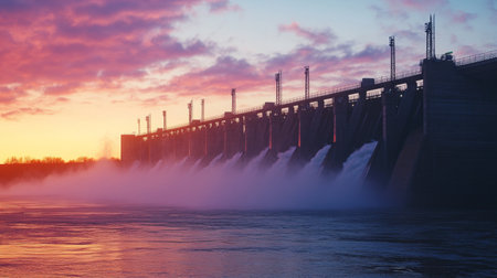 A view of a dam during the early morning hours, with mist rising from the water and the structure silhouetted against a soft, colorful skyの素材