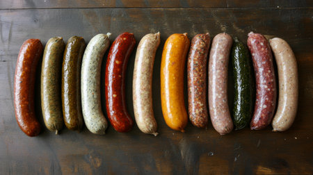 A variety of sausages laid out on a rustic wooden surface, with different textures and colors, showcasing a selection of raw and cured meat productsの素材