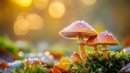 A whimsical scene of mushrooms with sparkling dew in a misty forest, showcasing the magical atmosphere of nature in the early morning lightの素材