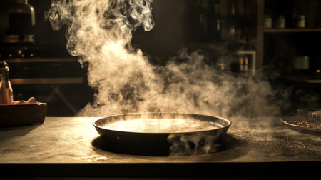 Gentle smoke drifting across a kitchen counter from a sizzling pan, with warm lighting creating an inviting yet mysterious atmosphereの素材