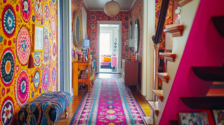 A vibrant hallway with colorful wallpaper, eclectic decor items, and a patterned runner rug, reflecting a playful and creative interior design styleの素材