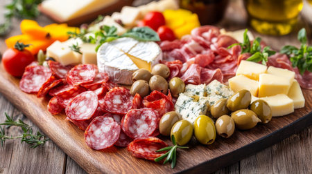 A vibrant antipasto platter featuring a variety of Italian cheeses, cured meats, olives, and fresh vegetables, arranged beautifully on a wooden board.の素材